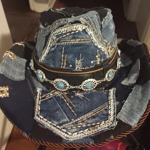 Denim Patchwork Western Hat with Turquoise Details
